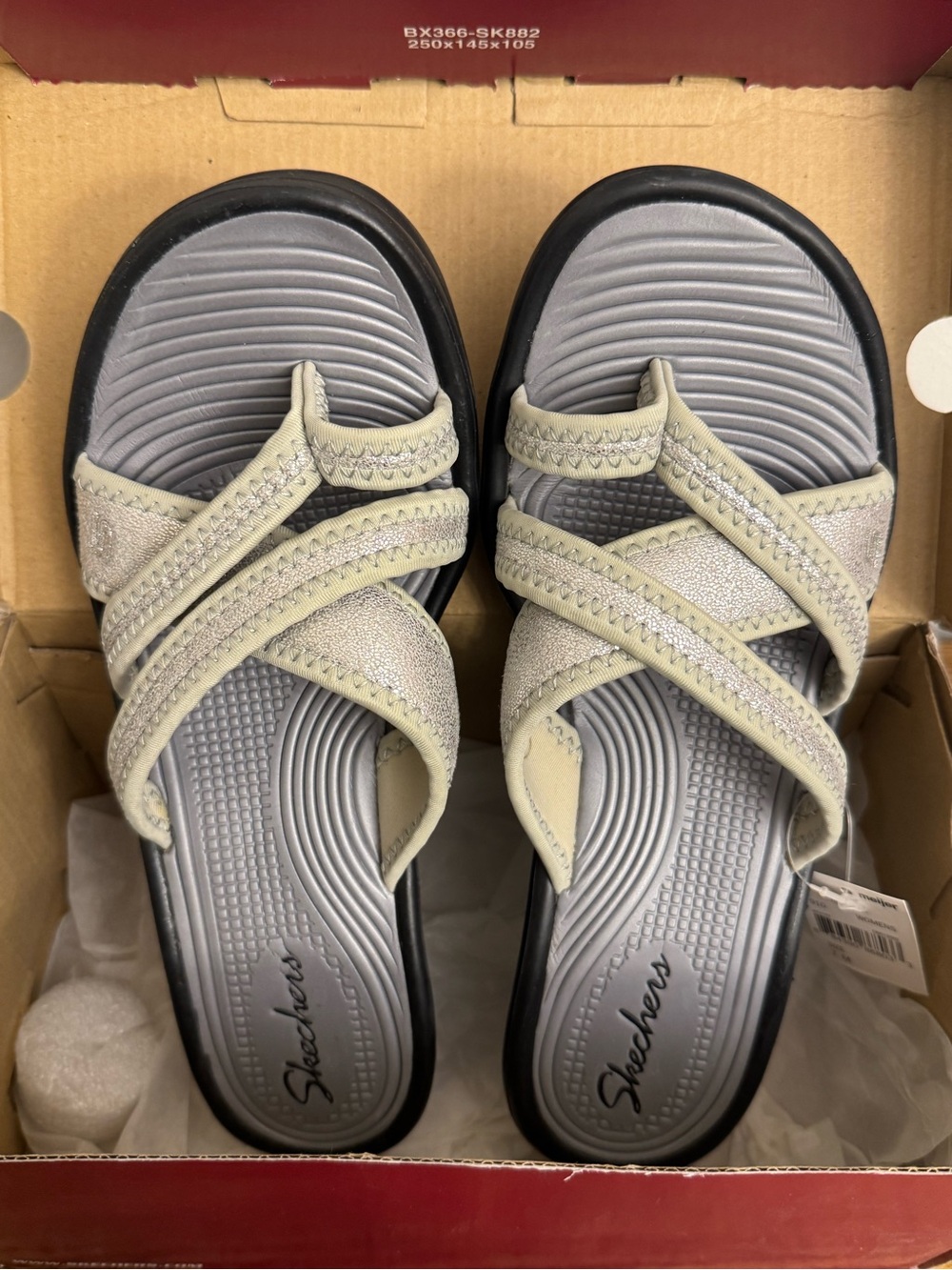 NIB Skechers Cali Rumblers Silver Metallic Strappy Wedge Sandals Size 7